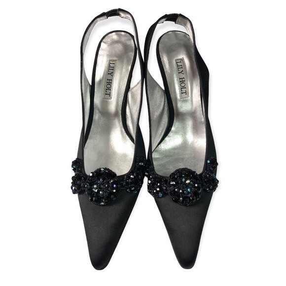 Lily Holt Vintage Black Satin Beaded Pointy Slingback Pumps - Picture 1 of 6